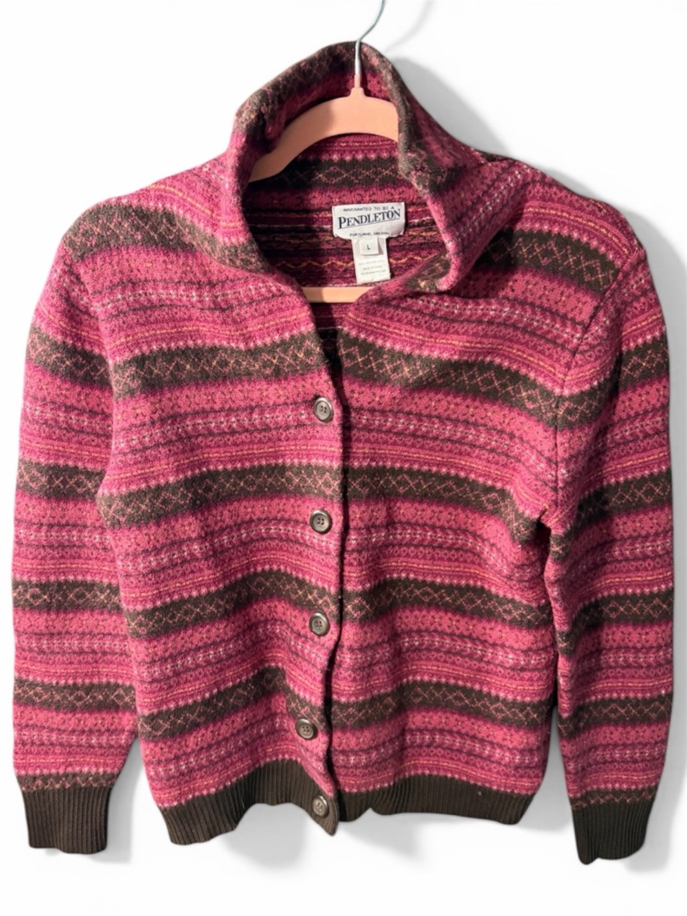 Vintage Pendleton Pink and Brown Striped 100% Wool Cardigan Jacket